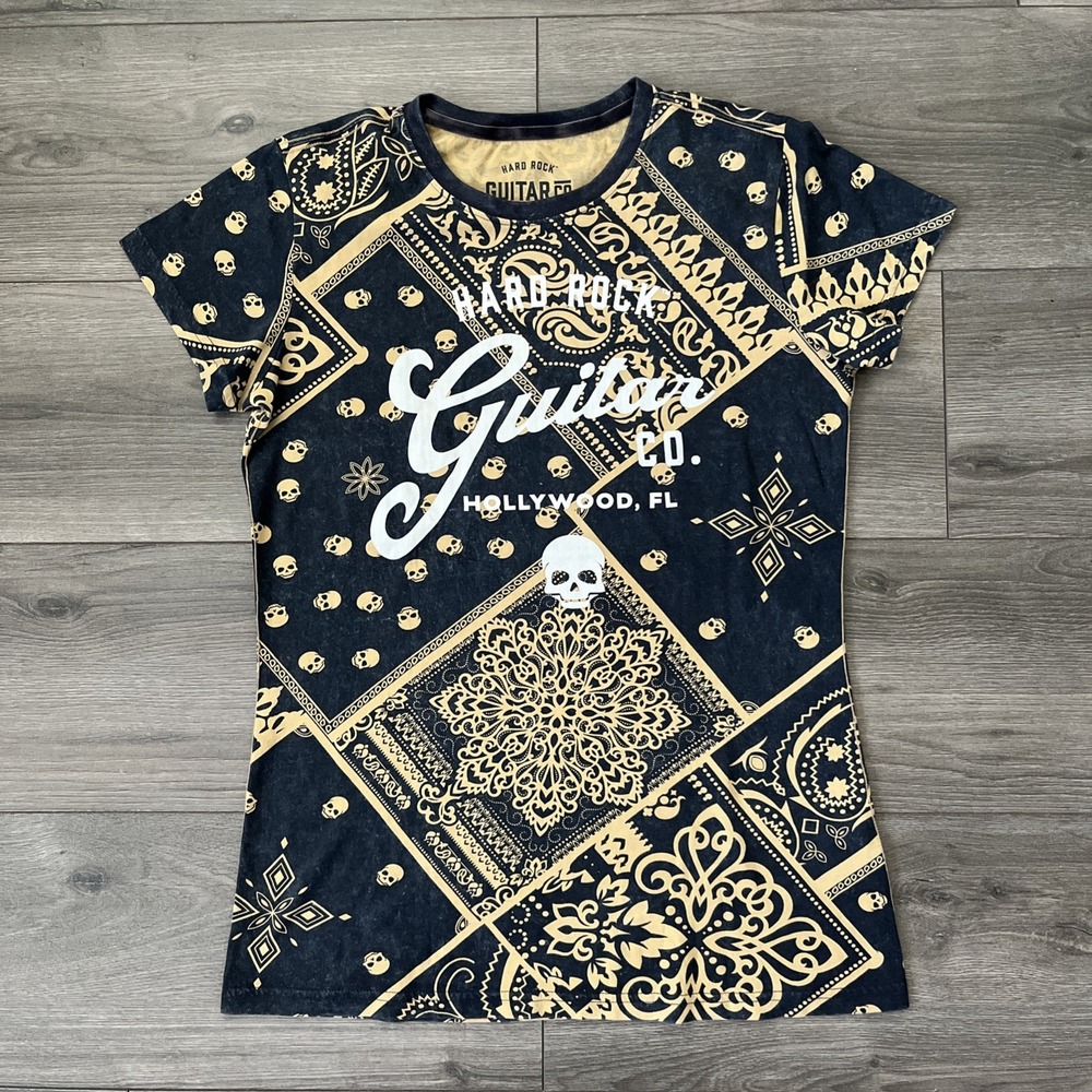 Hard Rock Guitar Co Womens S T Shirt Black Yellow NWT Skull